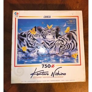 NEW Ceaco Aqua Shimmer Glitter 750 Pc Jigsaw Puzzle Nishino Snow Tiger Open Box
